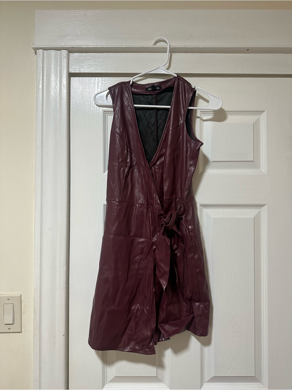 Sleeveless Faux Leather Wrap Mini Dress in Burgundy